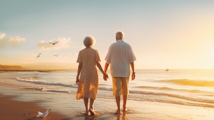an elderly couple enjoying a beach holiday. elderly couple walking and having fun on the shore