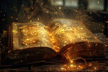 Obraz premium Open magic book with magic light on vintage background. open book on the background of an old library.