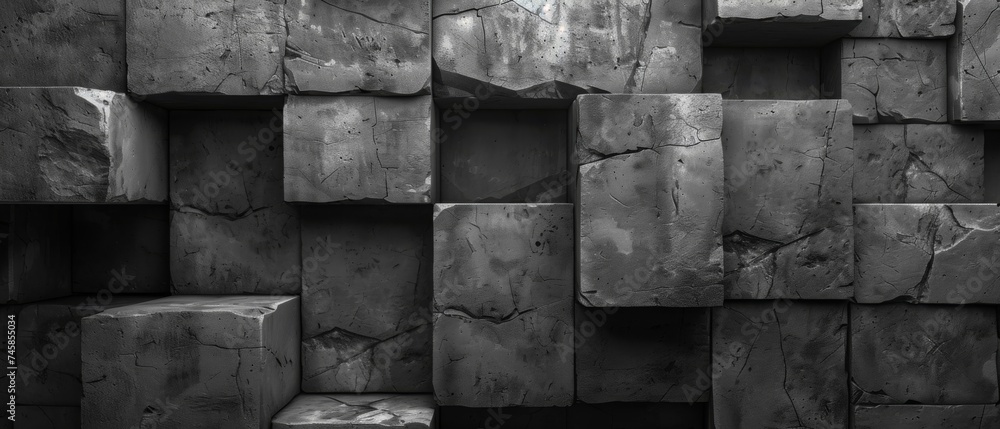 Poster black antharcite dark 3d stone concrete cement tiles texture with square cubes tile background panor