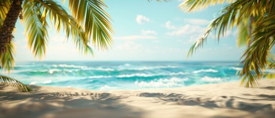 Sea panorama, tropical beach banner. view of a sandy beach with palm trees and ocean