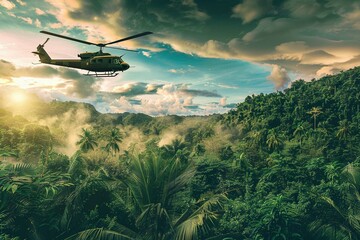 Fototapeta na wymiar War Helicopter flying over Vietnam jungle 