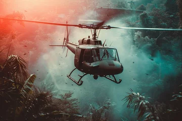 Schilderijen op glas War Helicopter flying over Vietnam jungle  © Bilal