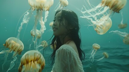 A serene yet haunting image of a girl in a white dress surrounded by jellyfish underwater, representing calmness in chaos