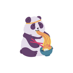 Cute panda with headband eating noodles with chopsticks, vector cartoon funny Asian bear with black white fluffy wool