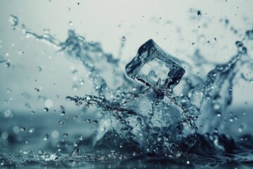 Splashes of water with ice cubes. ice cubes fall into the water and create splashes