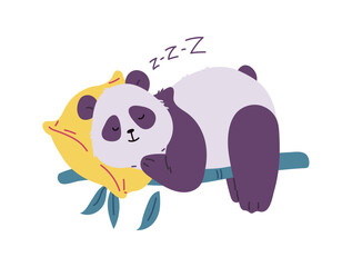 Cute panda sleeping with a pillow on bamboo branch, big Asian bear with black and white fluffy wool, vector wild animal