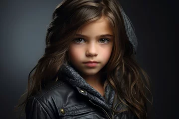Fotobehang portrait of a beautiful little girl in a black jacket and hood © Loli
