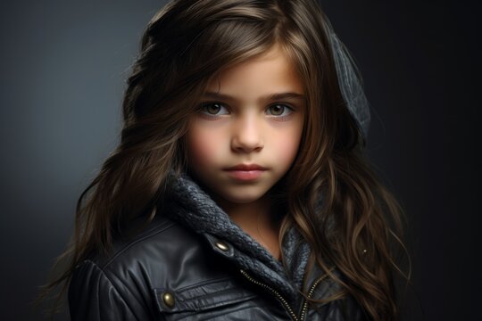 portrait of a beautiful little girl in a black jacket and hood