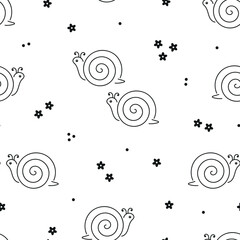 Cute Snails and Flowers Seamless Black and White Pattern. Line Art Snail Vector illustration.