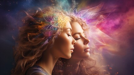 Women connecting to high female energy, on colourful background with pink and yellow colours