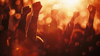 Backlit Silhouette of Raised Hands in Warm Glow with Bokeh - obrazy, fototapety, plakaty