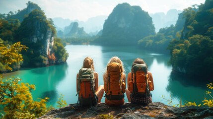 Trzy kobiety wspólnie podróżują po górach z plecakami - obrazy, fototapety, plakaty
