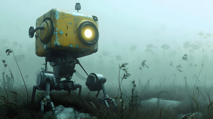 Lone Explorer Robot in a Misty Field