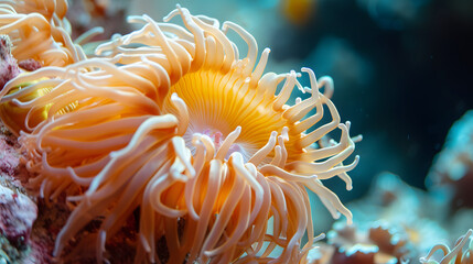 Naklejka na ściany i meble Vibrant Orange Sea Anemone in Natural Coral Reef Environment