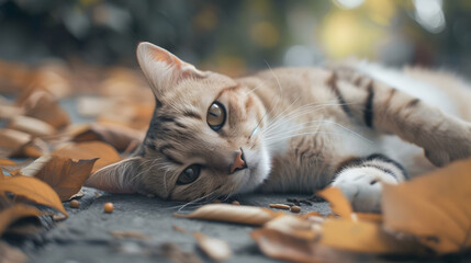 A tabby cat lying amidst autumn leaves, looking relaxed and contemplative.