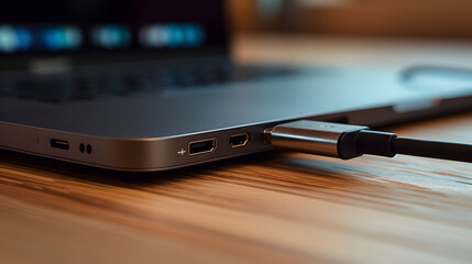 USB-C Cable Connecting to Laptop Closeup Technology Concept
