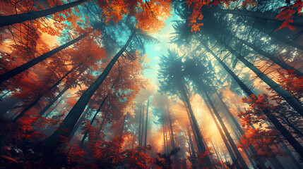 Forest with Tall Trees in Brown and red with blue sky, Level Photo, Generative AI