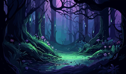 mystical forest with bioluminescent plants vector isolated illustration - obrazy, fototapety, plakaty