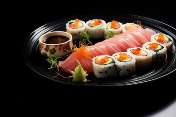 California sushi roll and fresh tuna sashimi with sauce on a black plate against a black table background