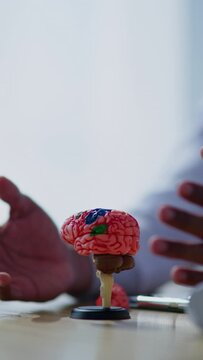 Vertical footage of doctor explaining each part of brain and  neurology on model to patient and medical student in hospital