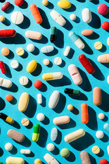 Colorful pills on blue background, medical background