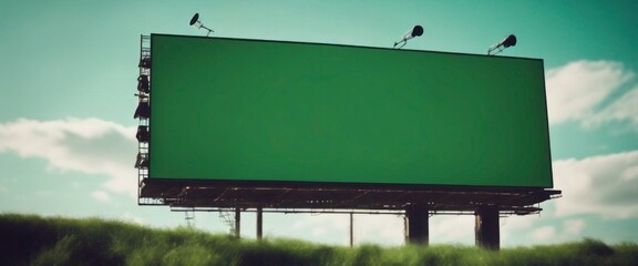 Large green billboard, devoid of any text or images, set against a blue sky with scattered white clouds. - Powered by Adobe