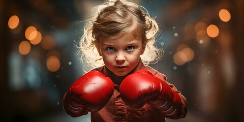 Young child with a determined expression playfully practicing boxing. Concept Outdoor Photoshoot, Colorful Props, Joyful Portraits, Playful Poses - obrazy, fototapety, plakaty