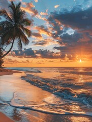 stunning beach at sunset, golden sand, crystal-clear waters, picturesque palm trees, tranquil waves, vibrant sky colors, idyllic coastal landscape, 