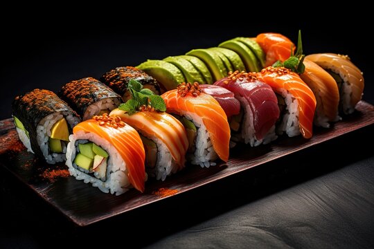 Delicious sushi buffered on black background