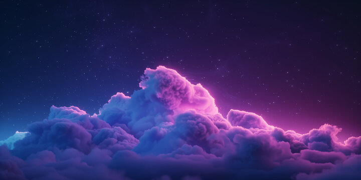 Glowing cloud background pattern. Sunset or sunrise background. Purple pink decorative horizontal banner. Digital artwork raster bitmap illustration. AI artwork.