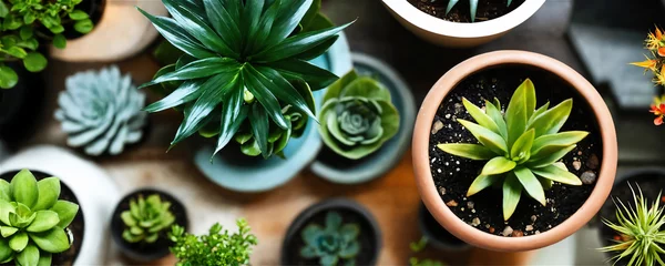 Foto op Aluminium 鉢植えの植物を上から撮影。 家庭園芸、室内装飾のコンセプト。 © sima-box