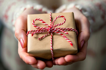 Beautiful girl hands with gift box closeup for Valentine's Day, birthday, Mother's Day