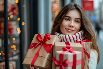 Fototapeta na wymiar A beautiful young happy girl holds beautiful boxes with Christmas gifts in her hands. Close-up. Shopping, birthday, valentine's day