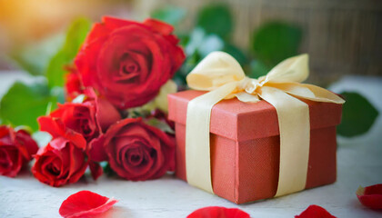 Red roses and gift box with red ribbon.
