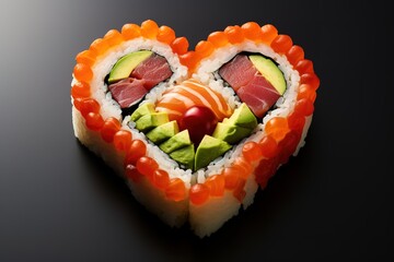 Delicious sushi forms a heart with the concept of liking sushi food