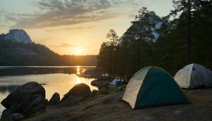 Camping on the lake beach in the forest, at the sunset.	
