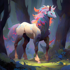 Encounter the majestic fusion of a centaur with the head of a lion, its mane flowing, poised regally in an ancient forest glade