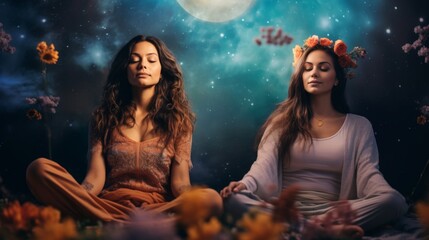Two women meditating together on a blue background with a moon