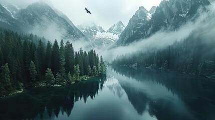 A bird flies over a misty lake surrounded by a pine forest and snow-capped mountains, creating a serene and tranquil atmosphere ideal for travel or environmental themes.