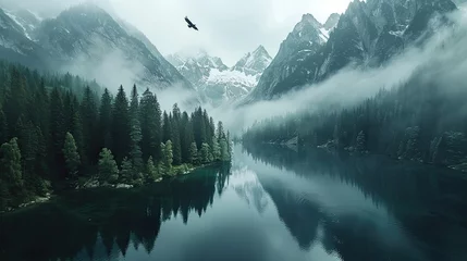 Fototapeten A bird flies over a misty lake surrounded by a pine forest and snow-capped mountains, creating a serene and tranquil atmosphere ideal for travel or environmental themes. © Jonas
