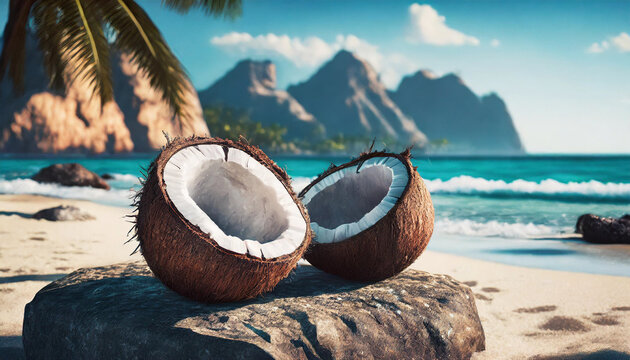 Broken coconut on the beach.