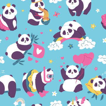 Seamless pattern with cute funny pandas flat style, vector illustration