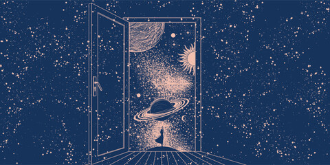 An open door to outer space with a girl standing with her back and flying planets. Concept illustration of imagination, mysticism and astrology, science. Vector surreal banner. © Salomi art