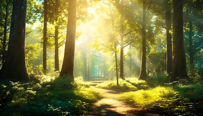 Obraz premium Beautiful morning in the forest with sun light.