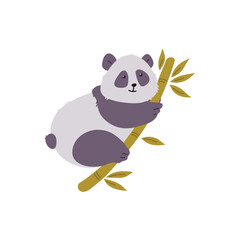 Cute panda crawling on bamboo tree vector illustration, funny Asian bear with fluffy black and white wool, wild animal