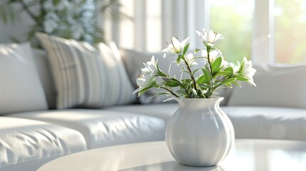 Living room interior design with white vase of fresh lilies on a table, Cozy sofa and greenery in natural light. Home decor inspiration or relaxation concept.