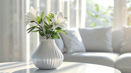 Living room interior design with white vase of fresh lilies on a table, Cozy sofa and greenery in natural light. Home decor inspiration or relaxation concept.