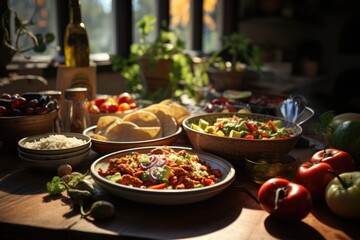 Dining table full of traditional Mexican dishes and salads, generative IA - obrazy, fototapety, plakaty