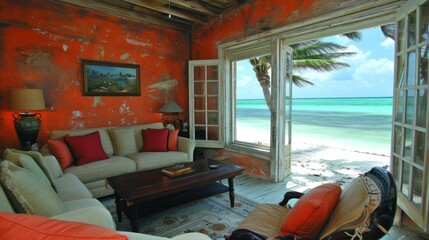 Fototapeta premium Serene Escape: A Rustic Coastal Living Room Overlooking the Tranquil Sea