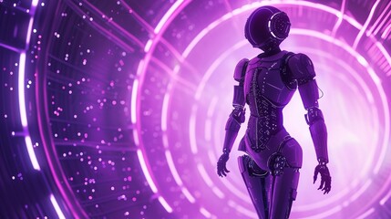 A futuristic 3D animated cartoon character with a high-tech aesthetic, set against a cosmic purple background. T